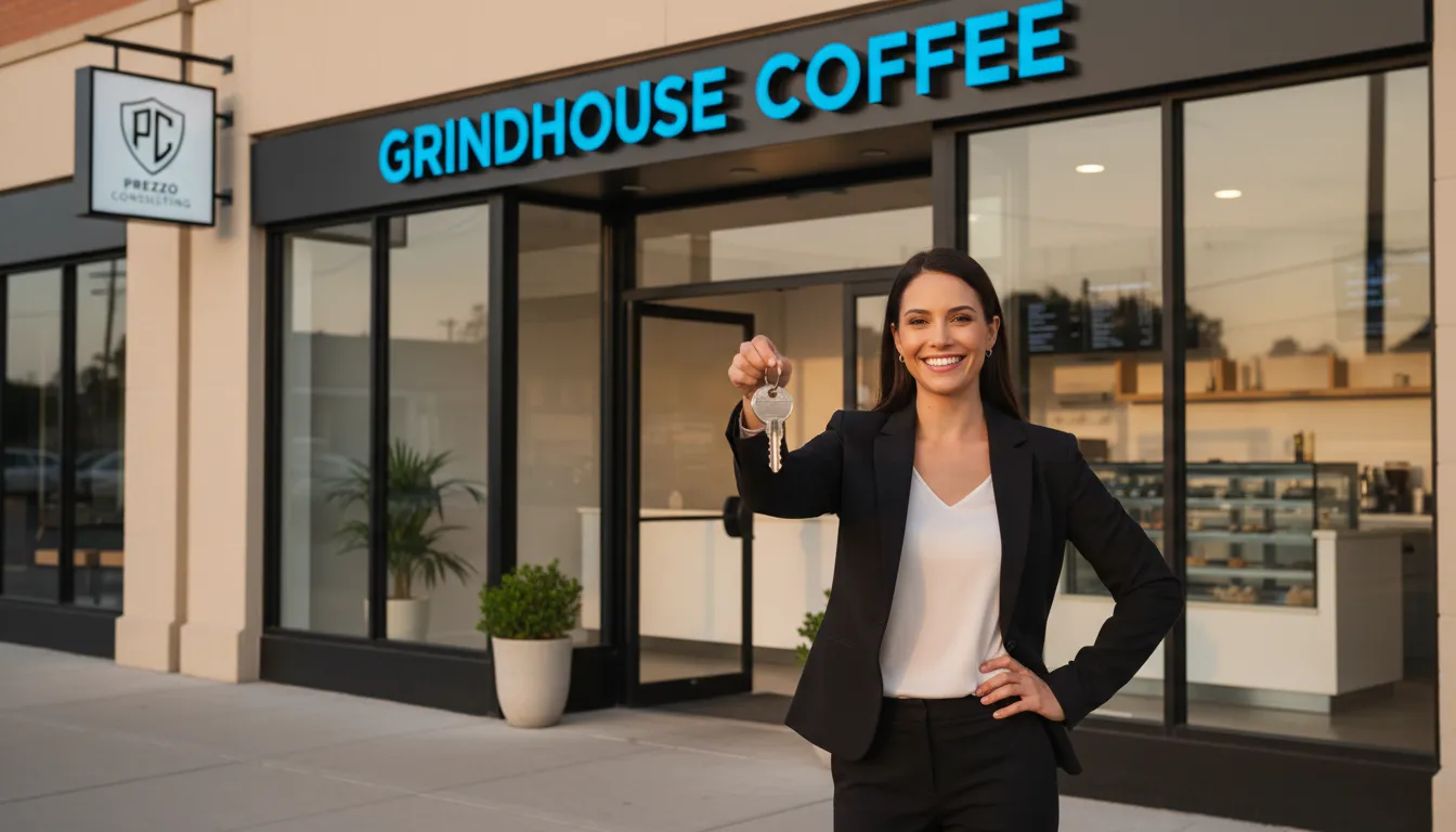 Empresário sorrindo em frente à sua nova franquia, simbolizando o sucesso alcançável com franquias baratas e a consultoria da Prezzo Consulting.