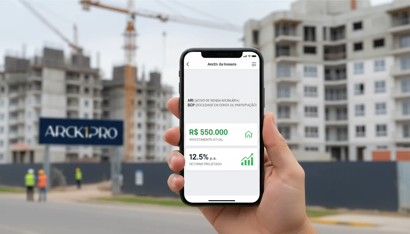 Smartphone exibe plataforma ARI para rentabilidade de imóveis, com canteiro de obras ao fundo.