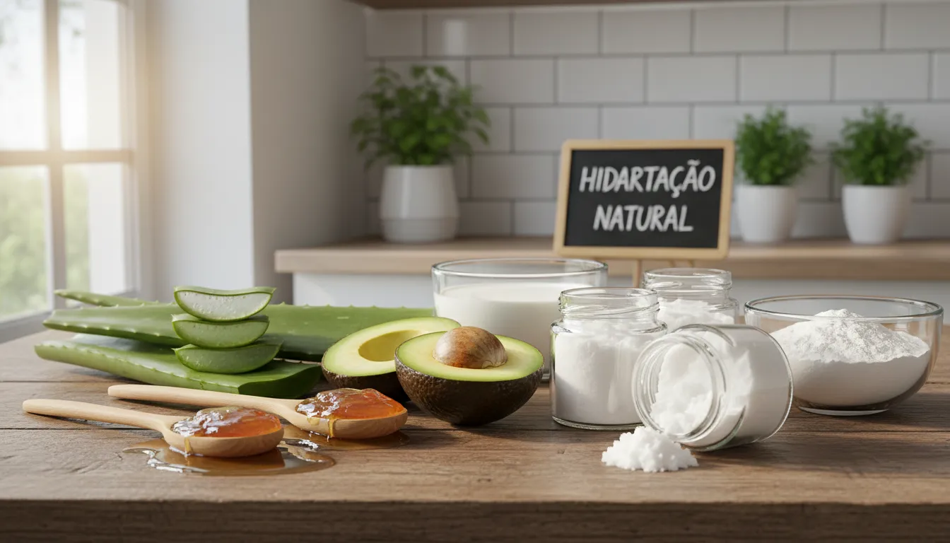 Ingredientes naturais para receitas de hidratação capilar dispostos em mesa iluminada.