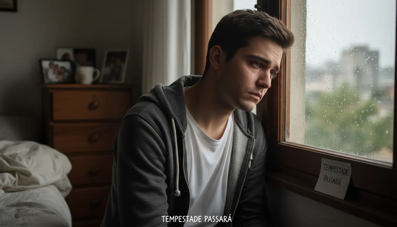 Jovem olhando pela janela demonstra tristeza em ambiente caseiro iluminado suavemente