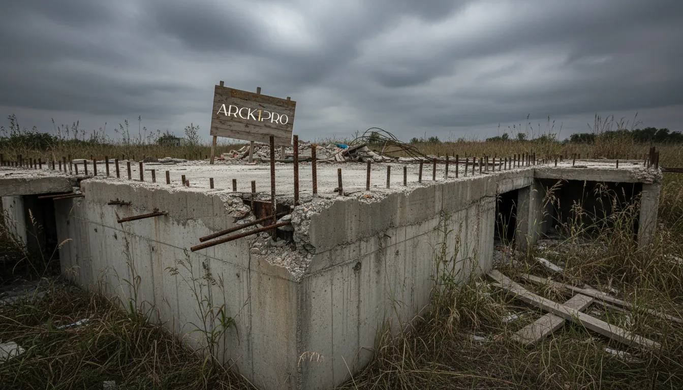 Fundação rachada de obra parada ilustra o risco investimento imobiliário e projetos abandonados.