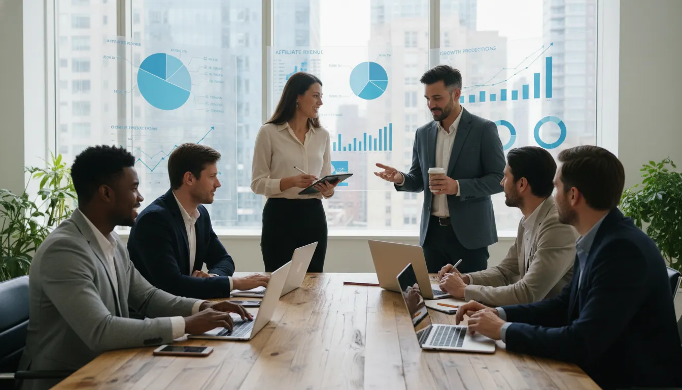 Grupo trabalhando em equipe em estratégias de afiliados financeiros, com laptops e gráficos, promovendo colaboração.