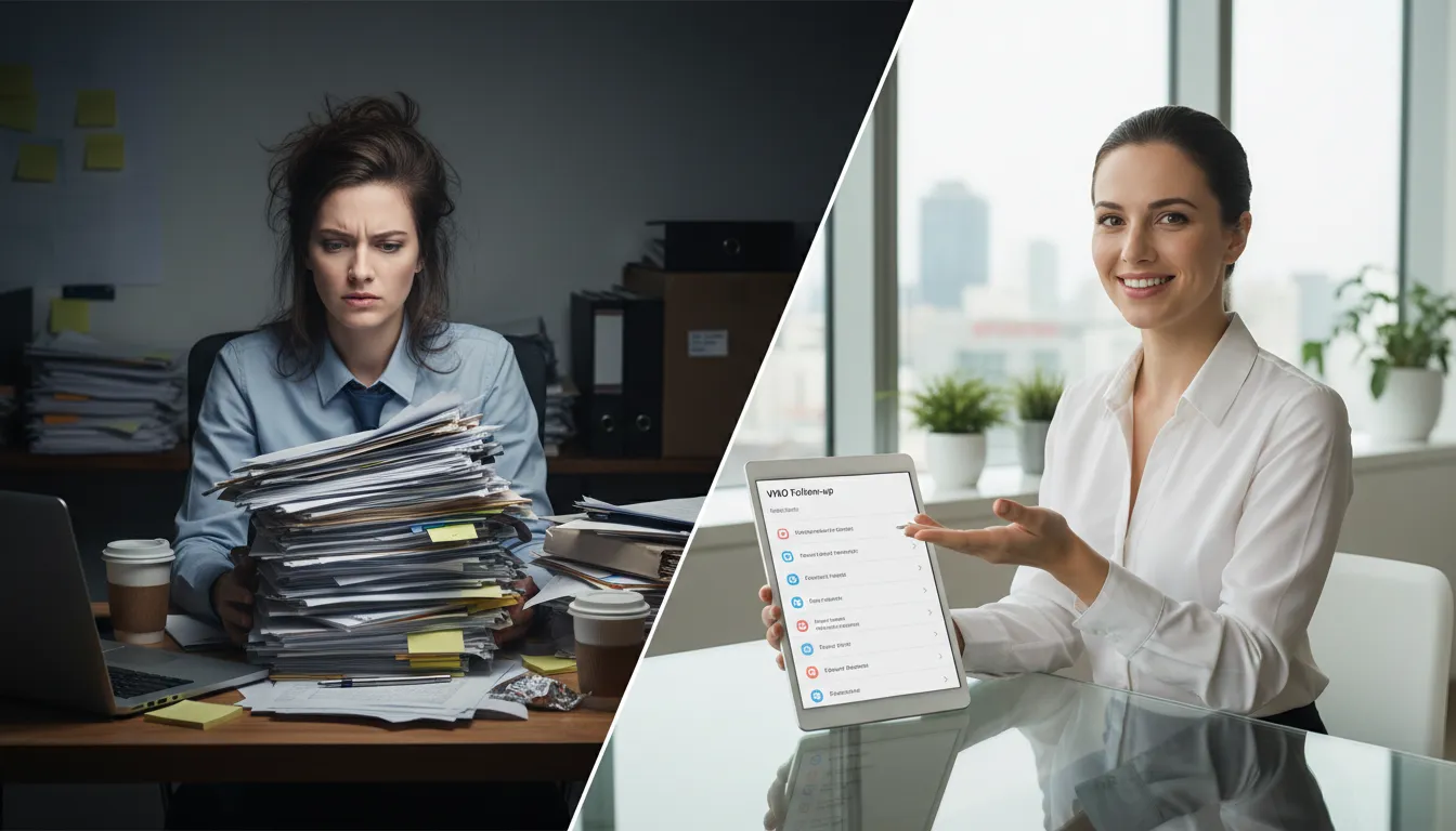 Comparativo visual do antes e depois da implementação de um sistema de follow-up, mostrando a organização e eficiência na cadência pós-reunião.