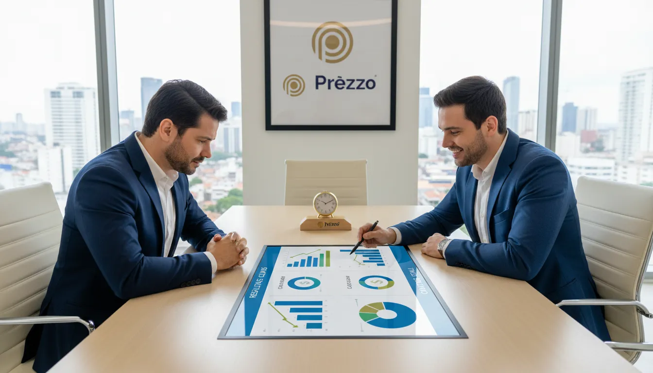 Empreendedor de construção civil obtendo clareza financeira com consultor, usando painéis claros para otimizar a contabilidade para construtoras.