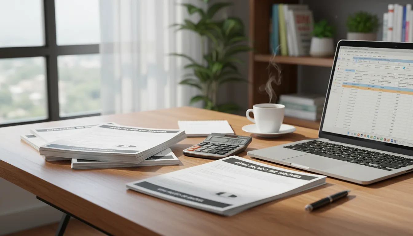 Mesa com papéis, laptop e calculadora, ilustrando análise do crédito com garantia de imóvel.