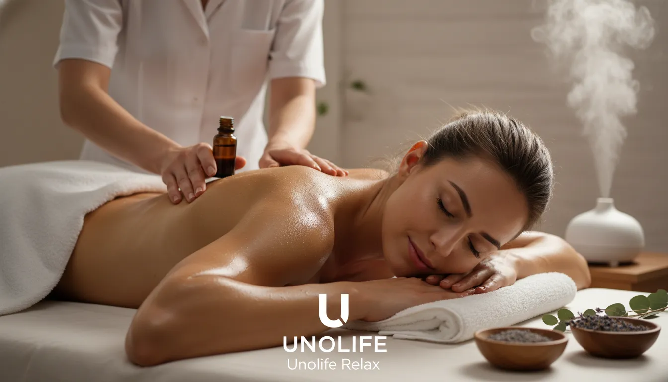 Um atleta recebendo uma massagem de aromaterapia após um treino intenso, focado no relaxamento e recuperação muscular. Aromaterapia e bem-estar com Unolife.