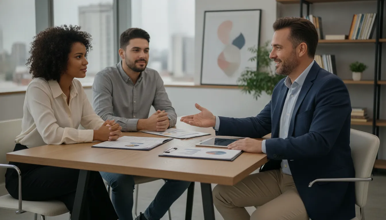 Consultor financeiro orienta casal sobre organização financeira para autônomos e gestão de renda variável.