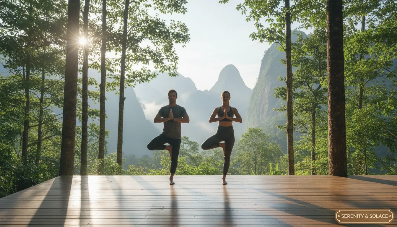 Casal praticando yoga em deck ao ar livre, cercados por paisagem natural e atmosfera de bem-estar.