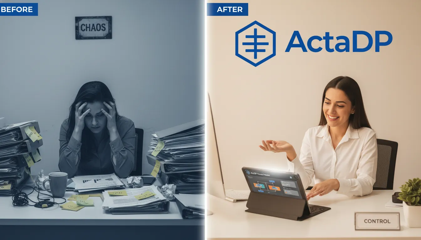 Contraste: DP caótico com papéis vs. DP organizado com ActaDP e fluxos automatizados. Eficiência ActaDP.