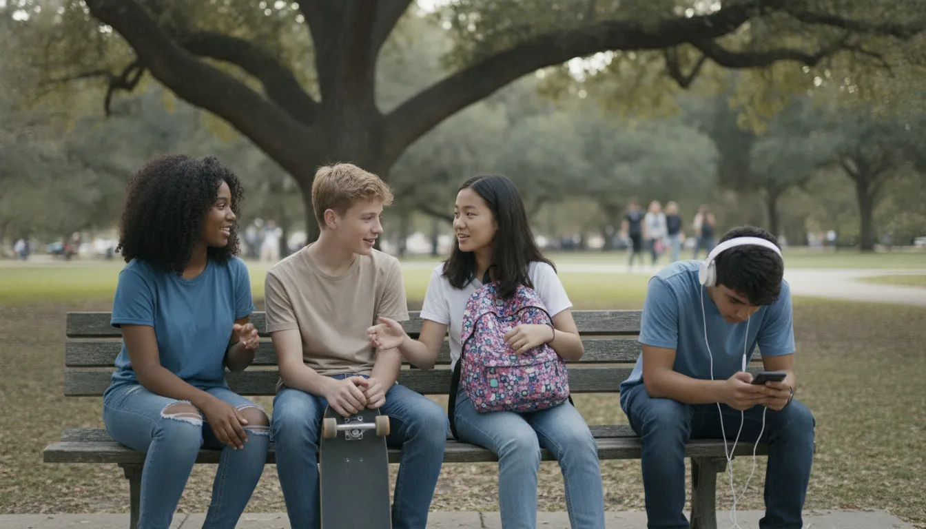 Grupo de adolescentes, um isolado, retratando dificuldade social e necessidade de terapia para adolescente.