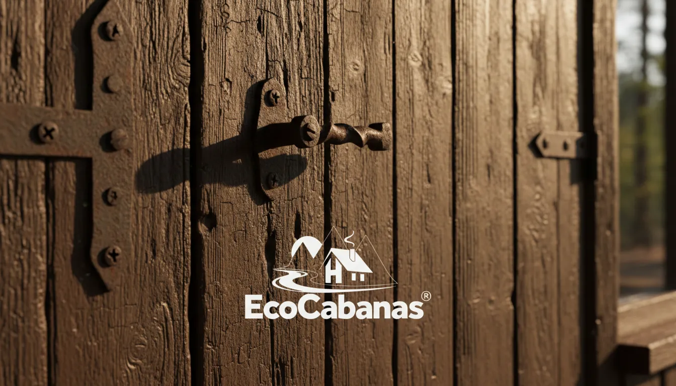 Detalhe de uma porta de madeira rústica artesanal, destacando os detalhes únicos em ferro.