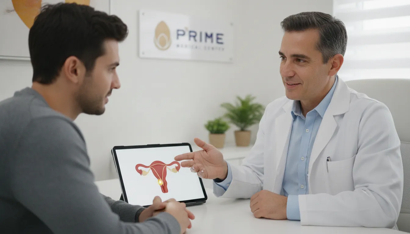 Médico explicando varicocele tratamento a paciente, usando diagrama anatômico. Prime Medical, acesso rápido.