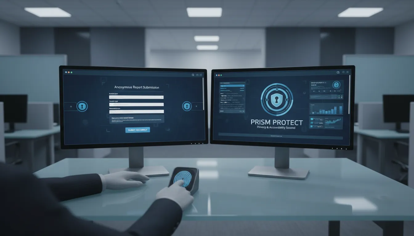 Ambiente seguro e sigiloso de canal de denúncias, com telas protegidas e foco em privacidade dos usuários.