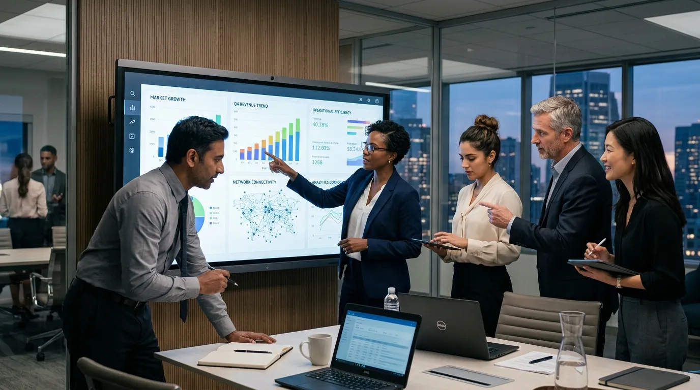 Equipe corporativa planejando parcerias para gerar negócios financeiros com análises e projeções.