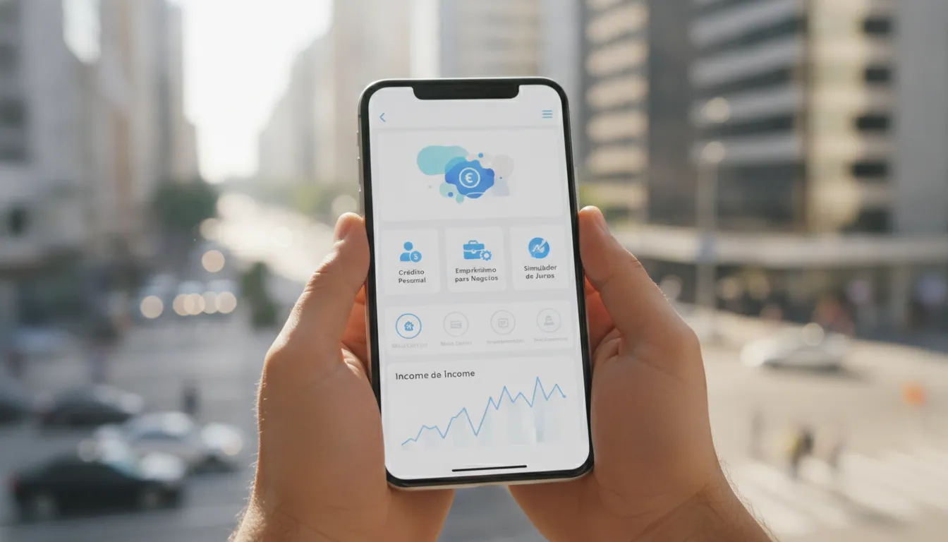 Mãos usam aplicativo financeiro para gerenciar renda, facilitando organização financeira para autônomos e MEIs.
