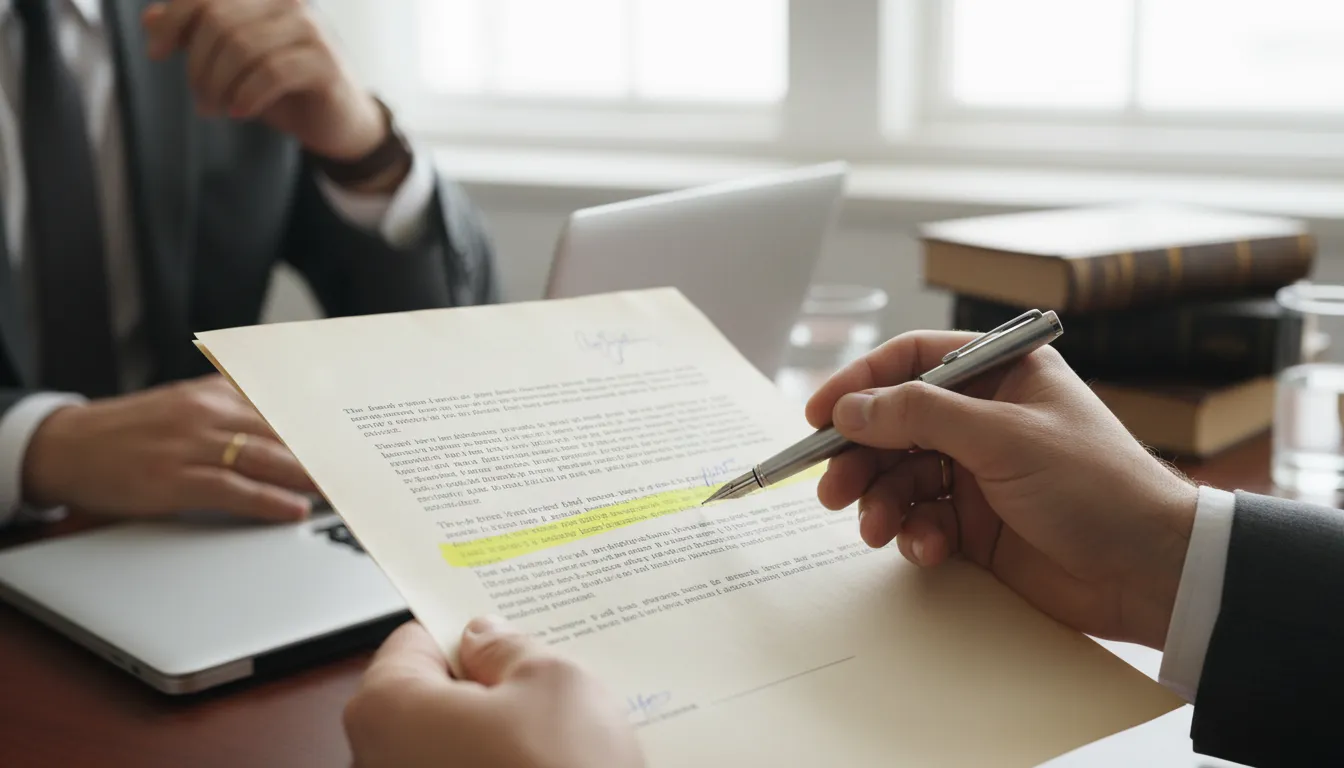 Mãos segurando documento legal, caneta. Representa prova dano moral trabalho e ação jurídica.