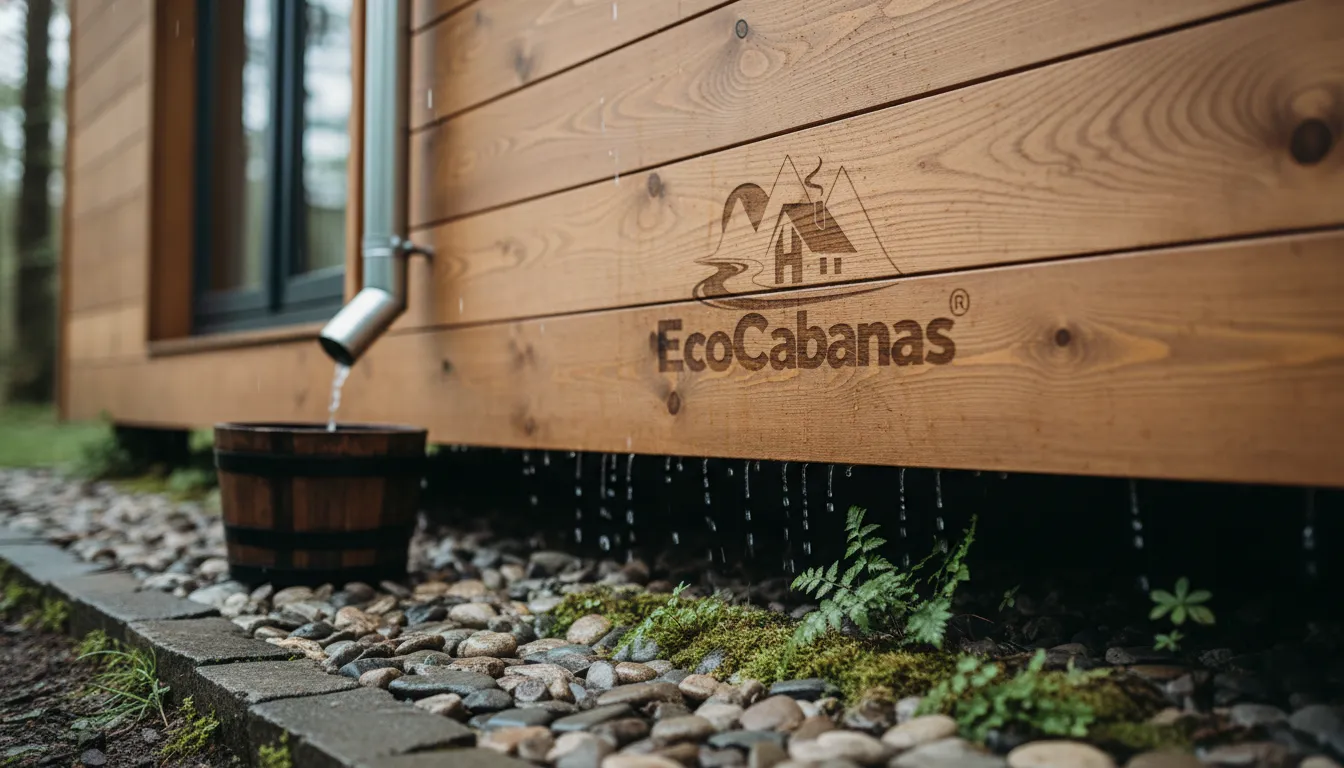Detalhe realista de parede de madeira em casa sustentável, com grãos visíveis e sistema de coleta de água.