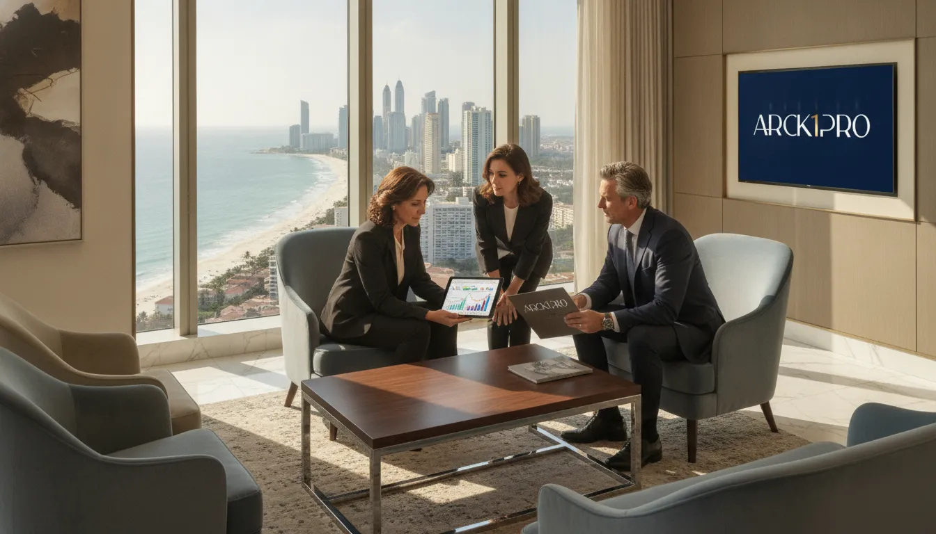 Investidores experientes em sala luxuosa revisam dados financeiros, contemplando futuro da incorporação imobiliária.
