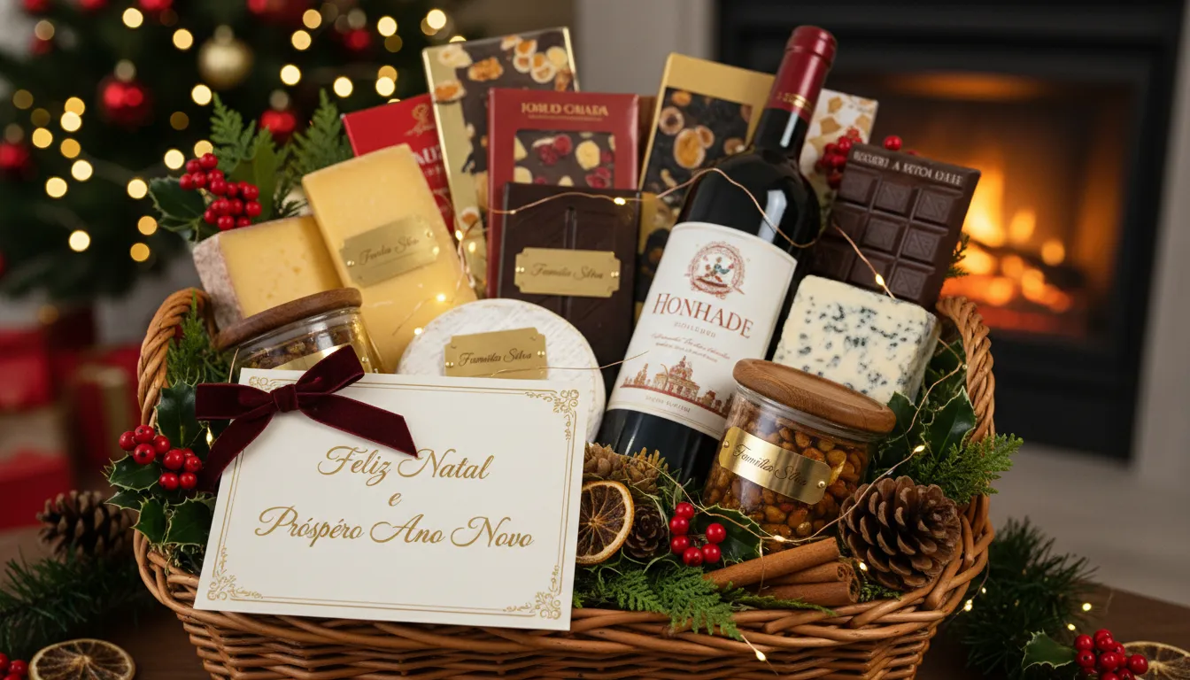 Cesta gourmet natalina personalizada com itens selecionados, nomes gravados e cartão de mensagem especial.