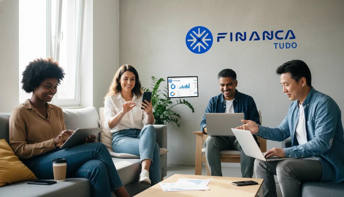 Pessoas diversas utilizando a plataforma Financia Tudo para aprender como aumentar score crédito e gerenciar suas finanças de forma eficaz.