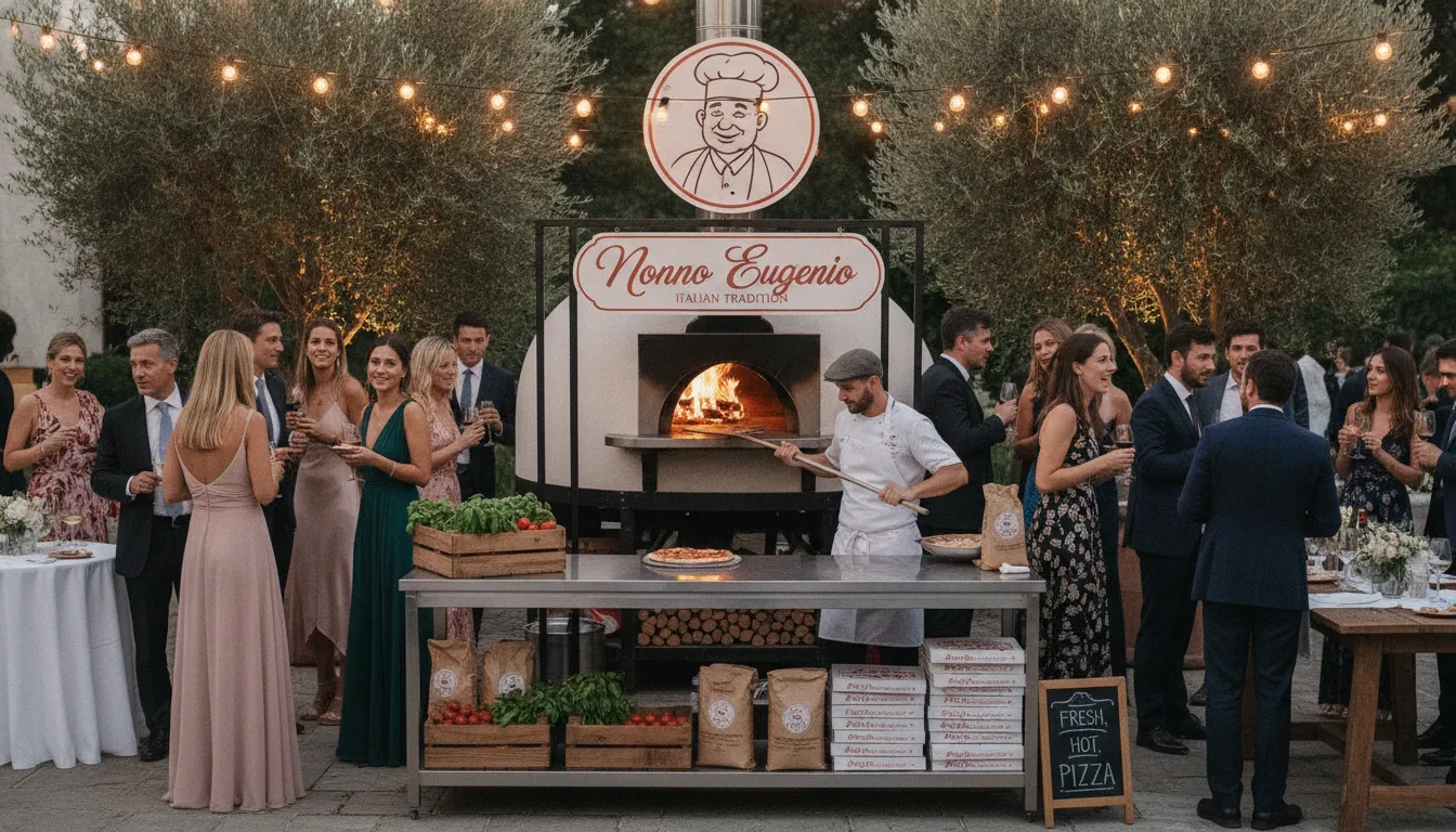 Forno de pizza móvel Nonno Eugenio em evento, servindo um rodízio de pizza gourmet para convidados.