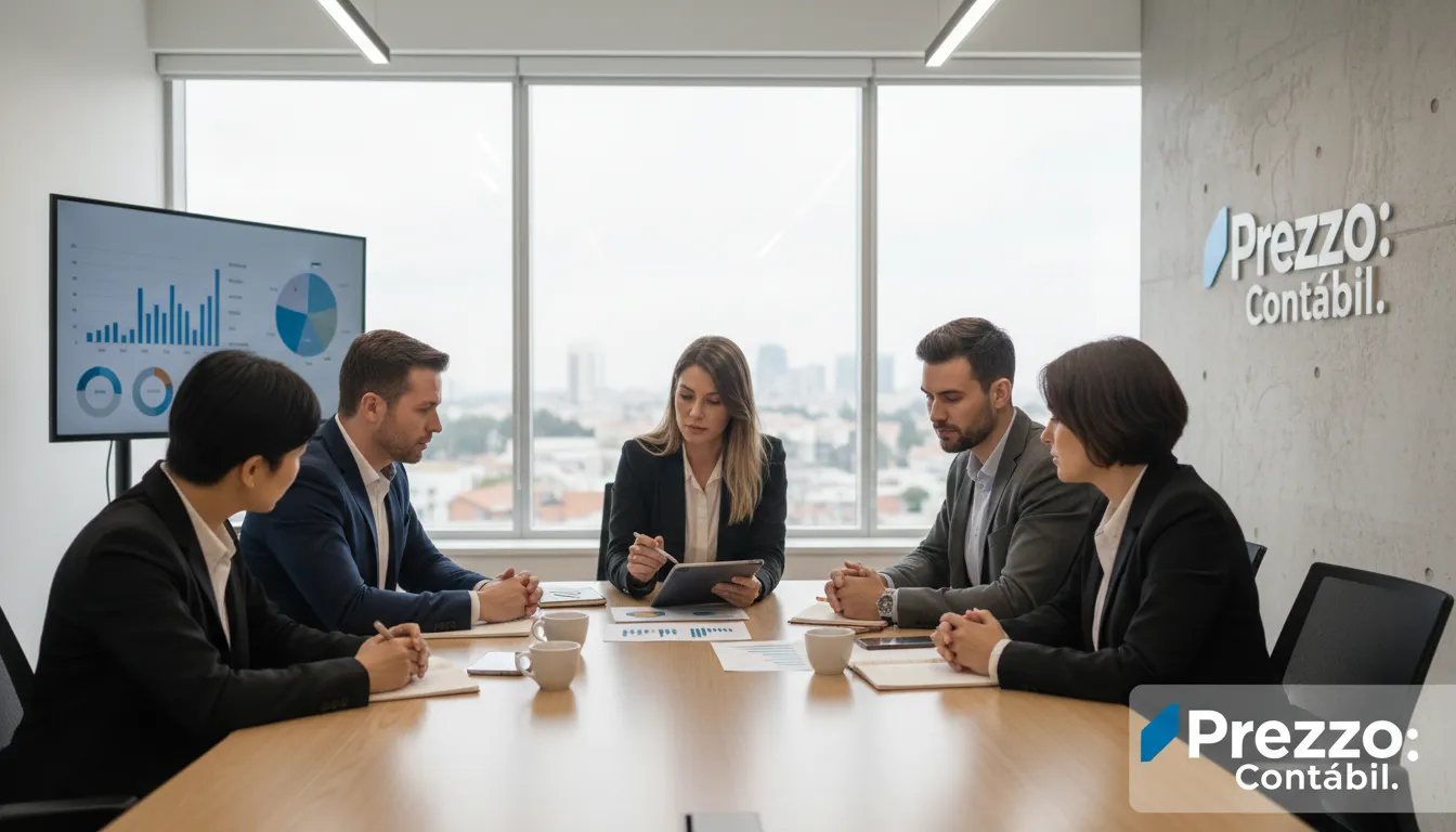 Un grupo diverso de personas colaborando en una oficina moderna, revisando documentos financieros. Ilustra el apoyo necesario para Como abrir una empresa en Brasil siendo de otro país.