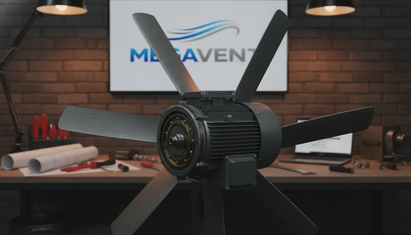 Detalhe técnico de um ventilador axial industrial, mostrando motor e pás aerodinâmicas para máxima eficiência.