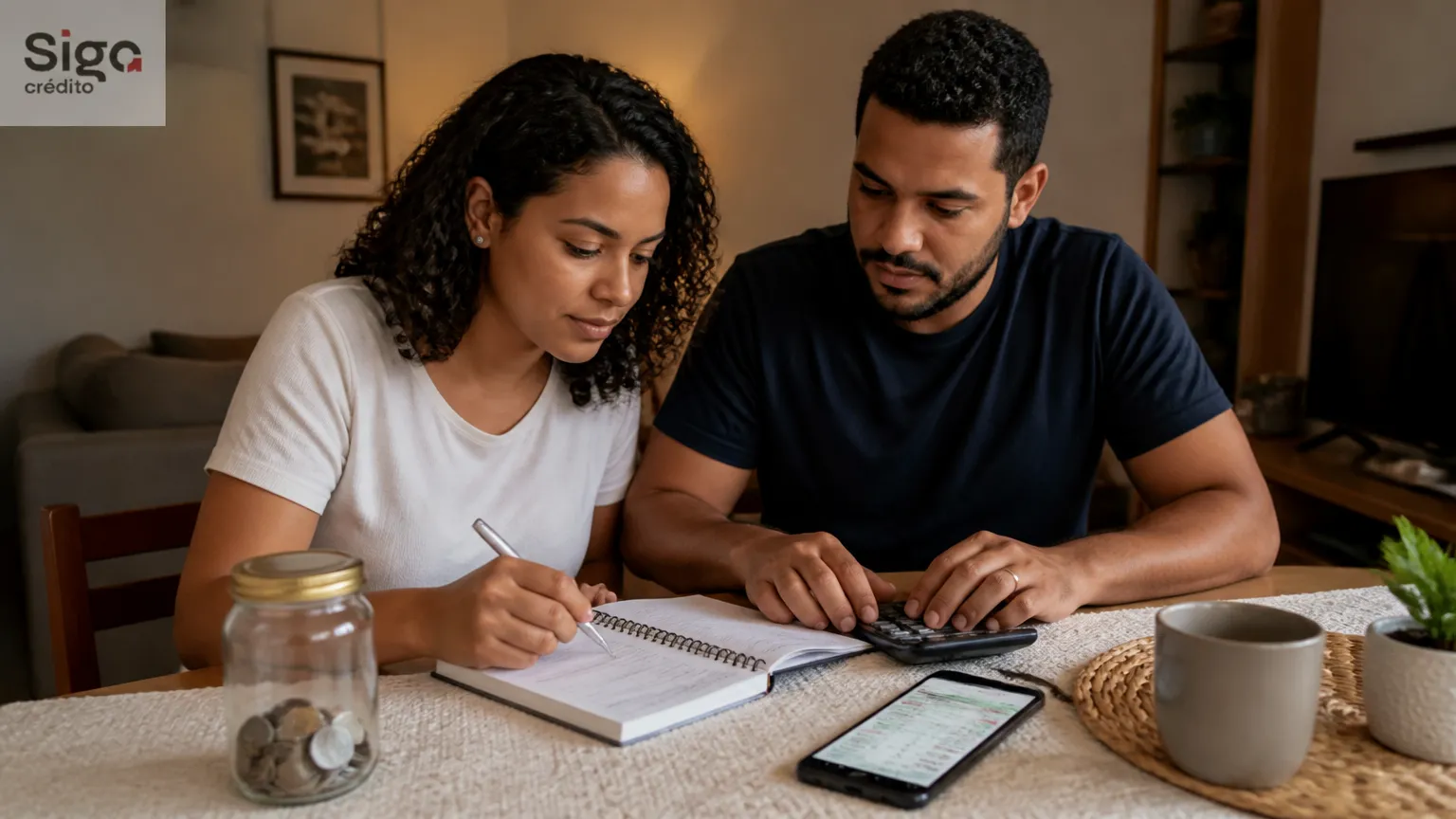 Casal planejando finanças da casa e descobrindo como juntar dinheiro no dia a dia.