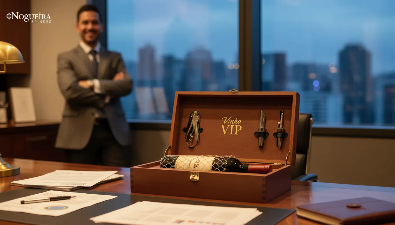 Cenário sofisticado com um kit vinho personalizado da Nogueira Brindes em cima de uma mesa de escritório, perfeito para um presente corporativo.
