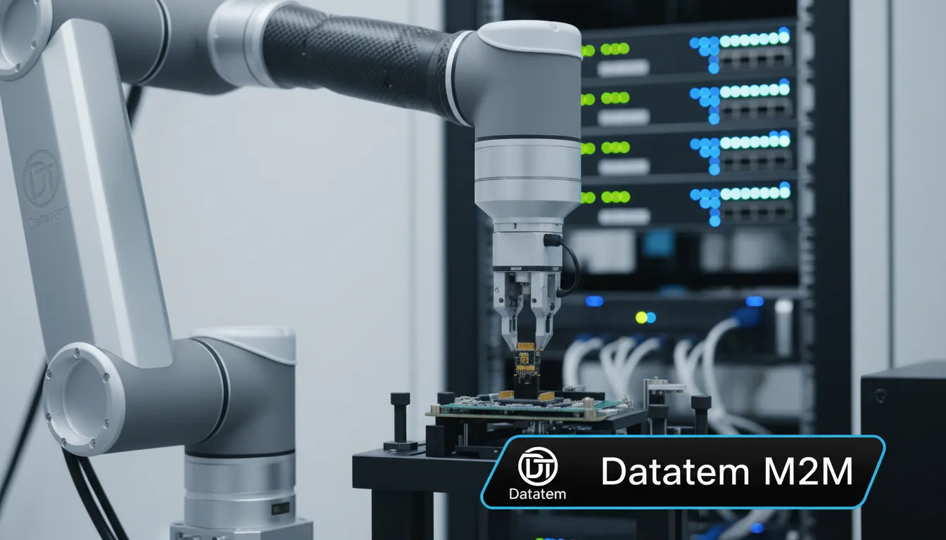 Close-up de um braço de cobot em montagem precisa, com servidores ao fundo. Destaque para a conectividade M2M da Datatem, essencial para a operação eficiente dos cobots.