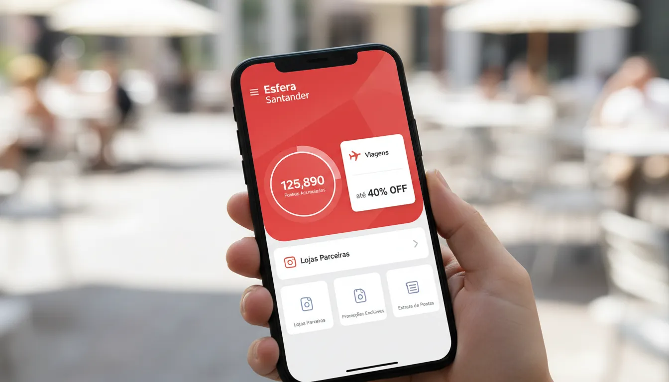 Interface do aplicativo esfera santander em um smartphone, mostrando o acúmulo de pontos e descontos para viagens.