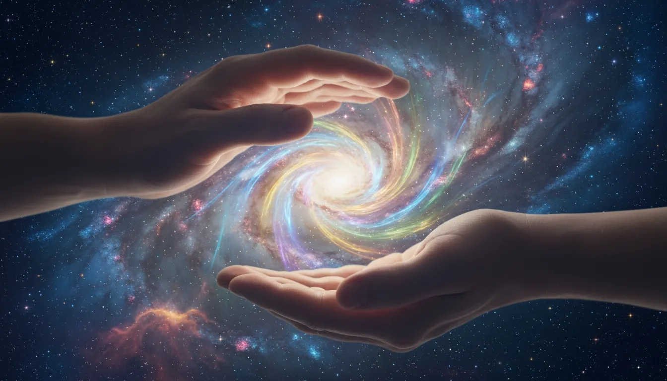 Mãos canalizando energia reiki em um fundo galáctico, simbolizando a conexão universal e o fluxo de cura.