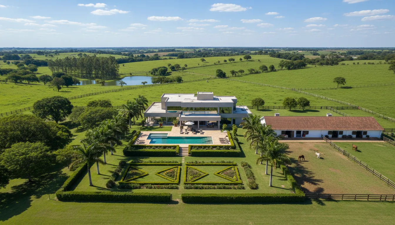 Vista aérea de uma chácara luxuosa em José Bonifácio com piscina, estábulo e lago, transmitindo a sensação de espaço, conforto e contato com a natureza.