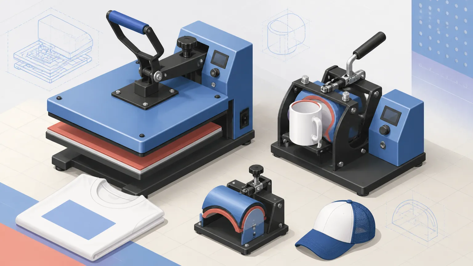 Modelos de prensa térmica e máquina de estampar brindes para estamparia rápida.