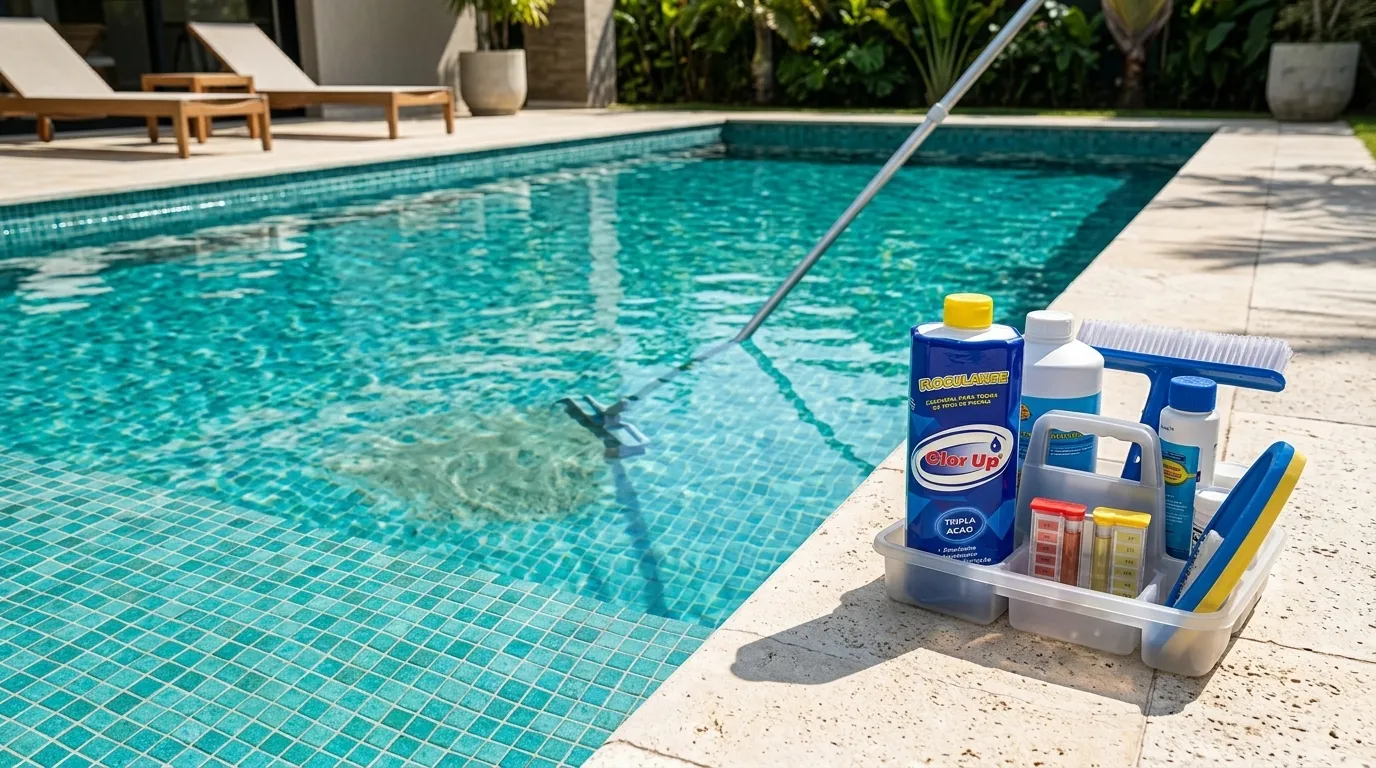 Água tratada com floculante piscina pronta para aspiração e limpeza Equibombas.