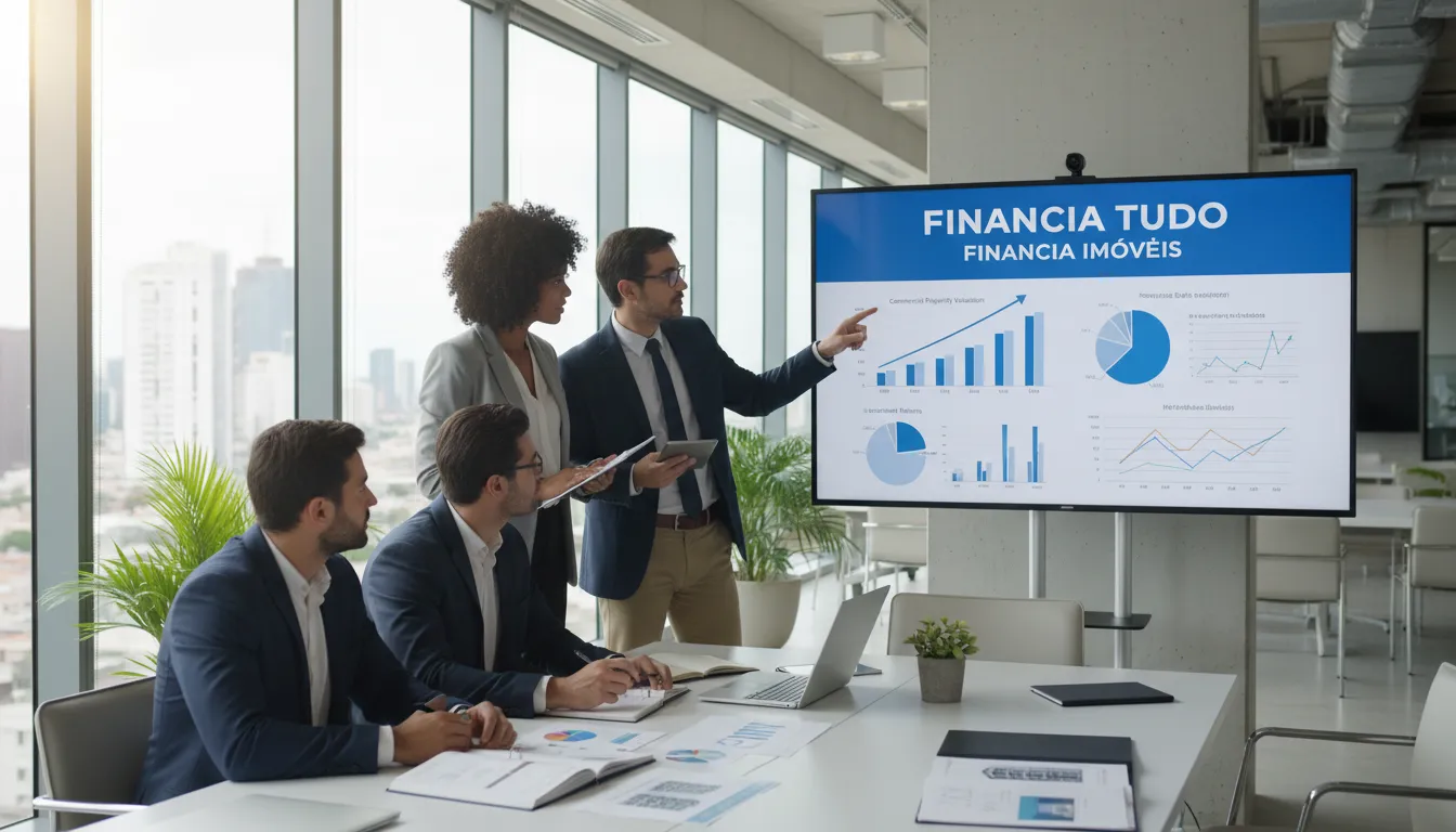 Equipe diversificada analisando documentos financeiros para financiamento de imóveis comerciais, destacando a expertise da Financia Tudo no mercado.
