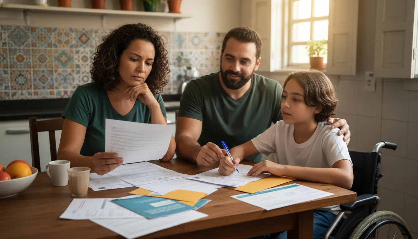 Família brasileira unida analisando documentos em casa, buscando informações sobre bpc loas e benefícios.