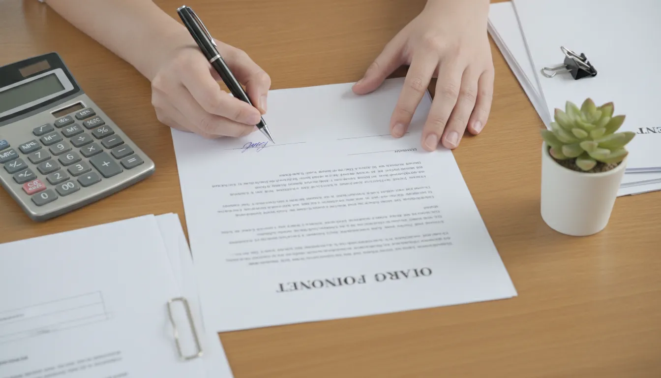 Mãos assinam documento de crédito imobiliário, finalizando decisão sobre home equity ou refinanciamento.