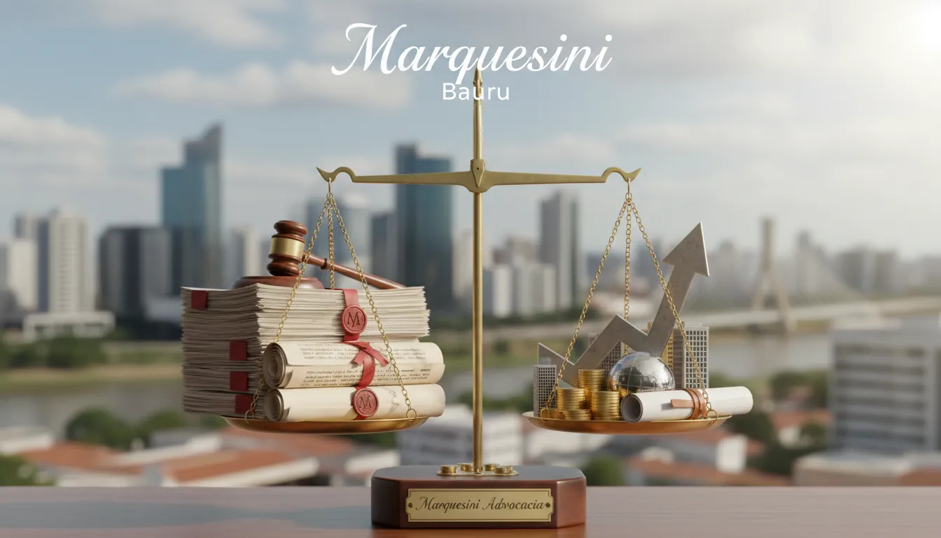 Balança simbolizando a análise de riscos e a proteção legal da Marquesini Advocacia, atuando em Bauru para defender os interesses da empresa em casos de justa causa.
