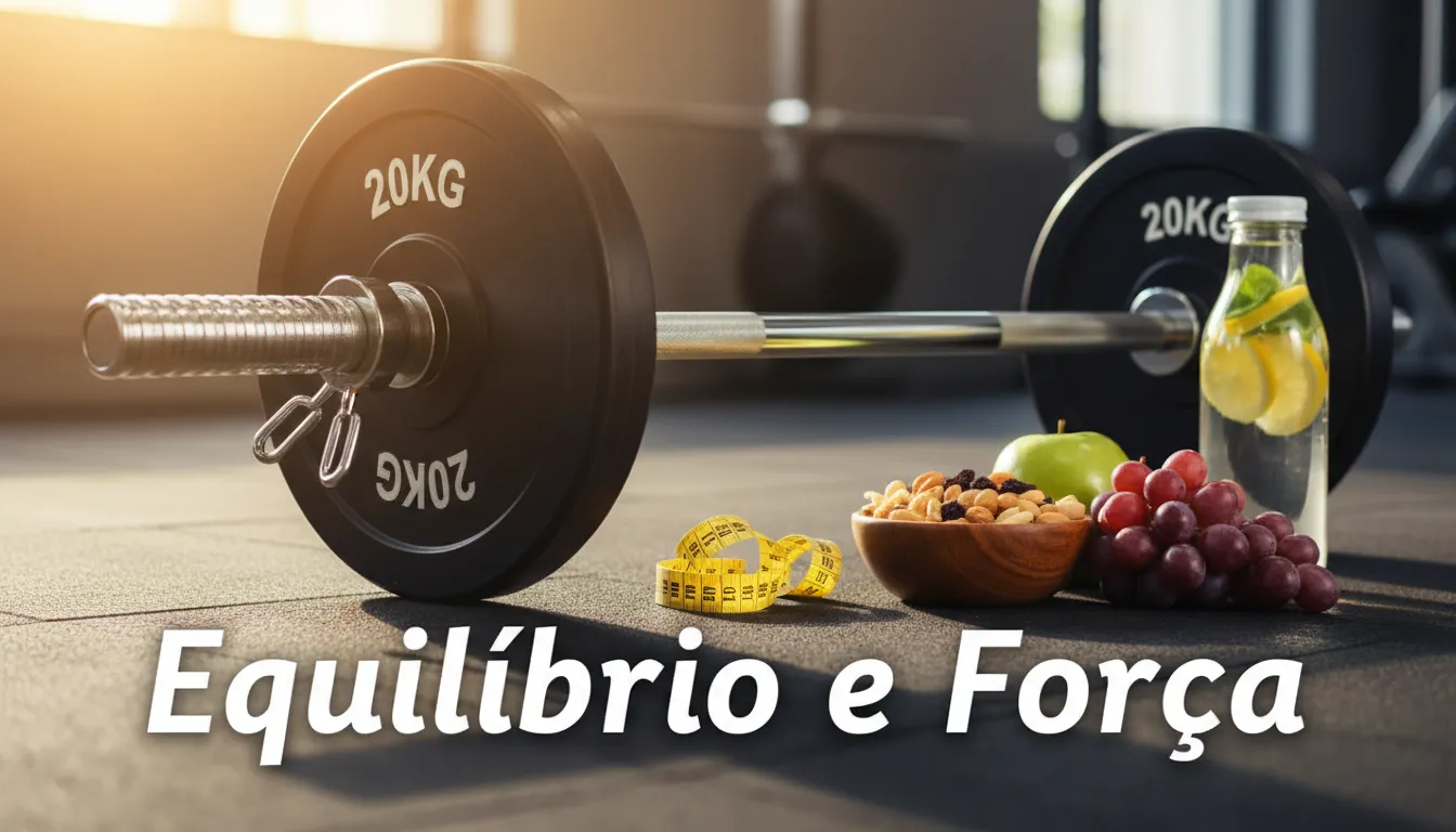 Pesos de musculação e alimentos saudáveis simbolizando equilíbrio.