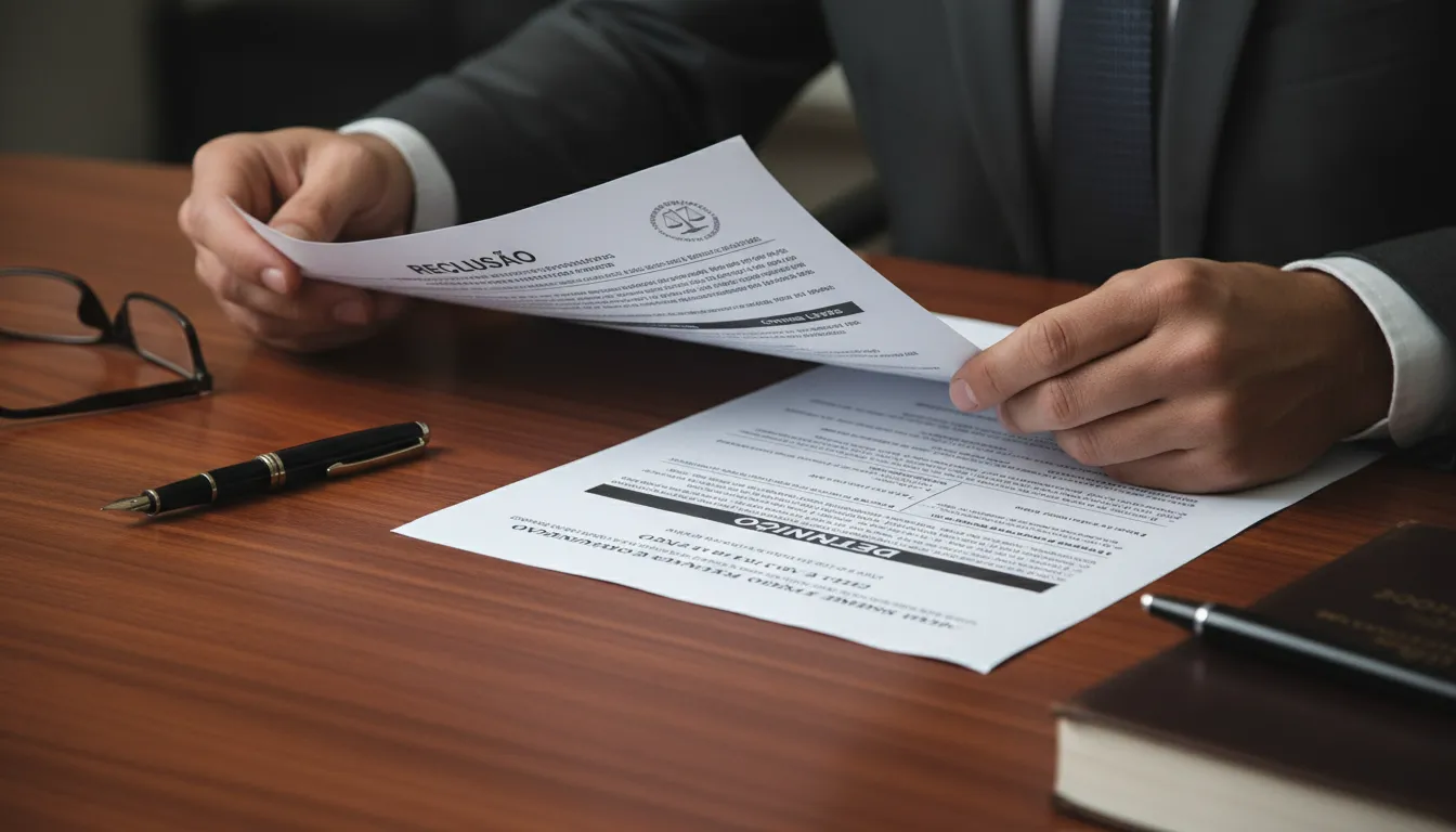 Mãos analisando documentos judiciais de reclusão e detenção, enfatizando a importância da distinção penal.