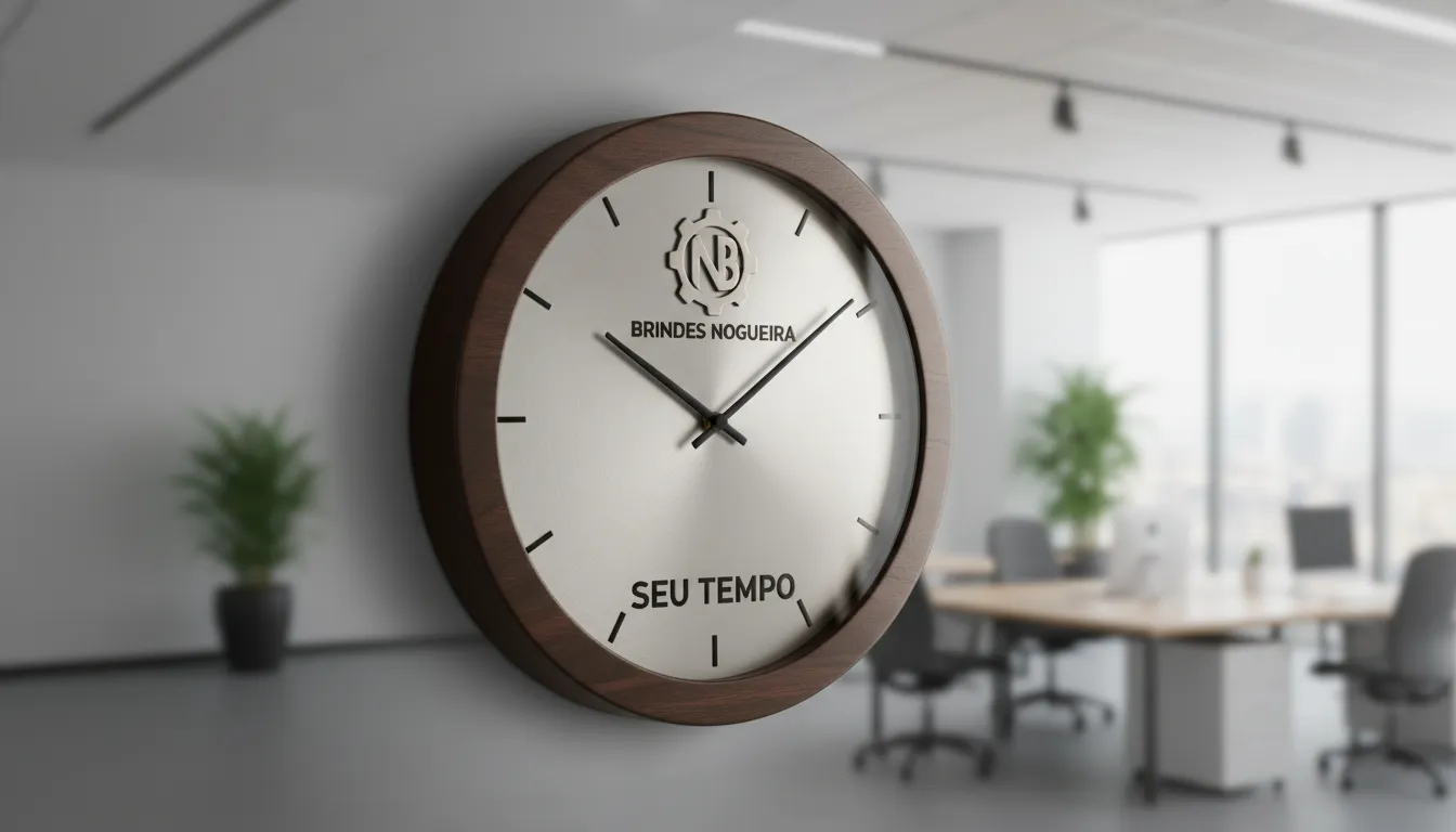 Close-up de um relógio de parede personalizado para escritório da Nogueira Brindes, mostrando o design elegante e a marca da empresa.