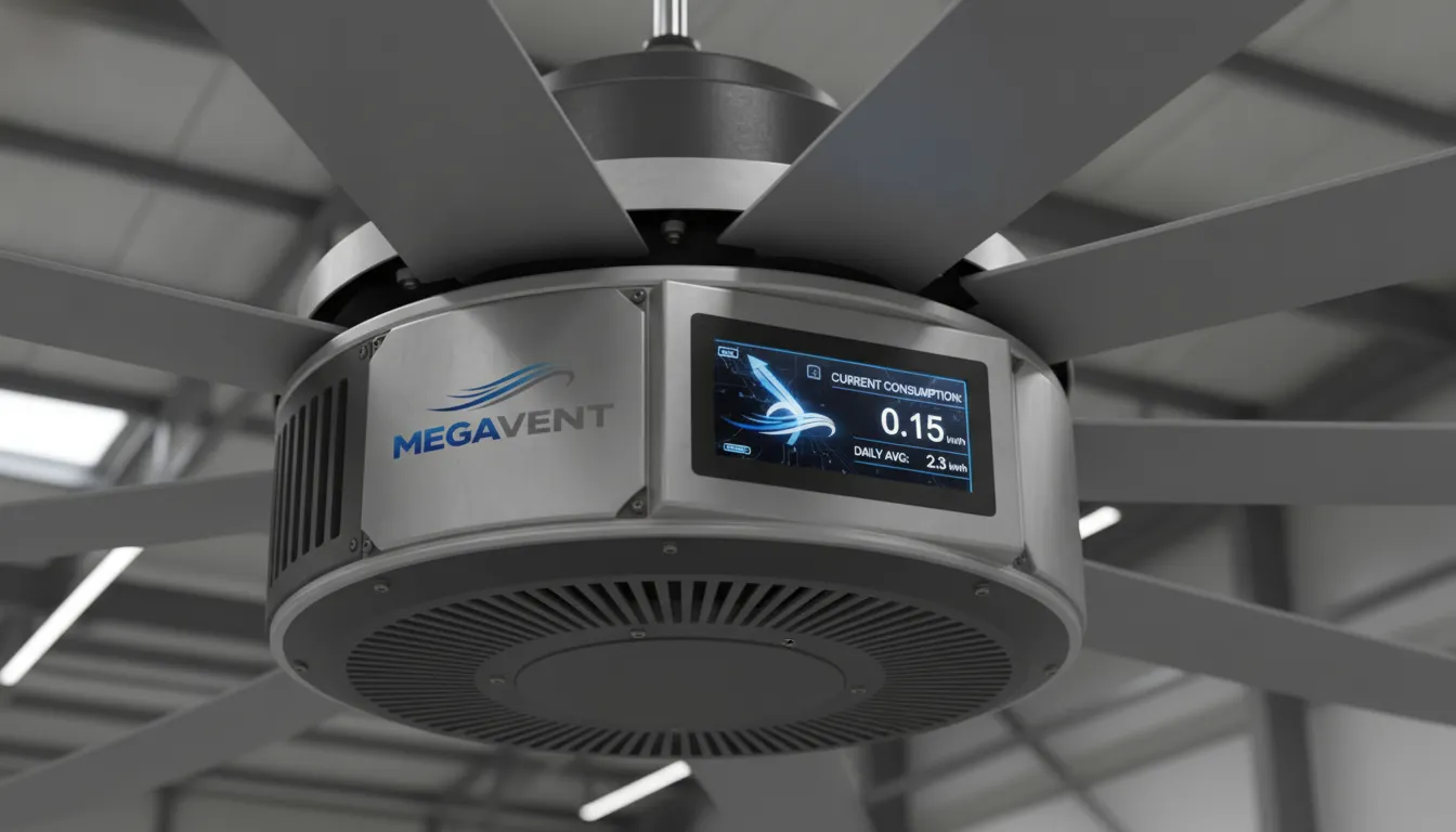Painel de controle de ventilador MegaVent, mostrando dados de consumo ventilador industrial e tecnologia avançada.