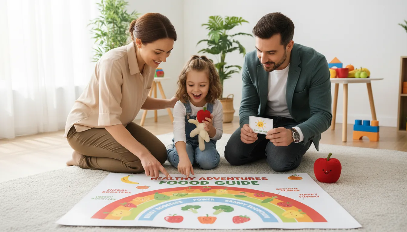 Nutricionista e psicólogo orientando uma criança com quadro alimentar lúdico