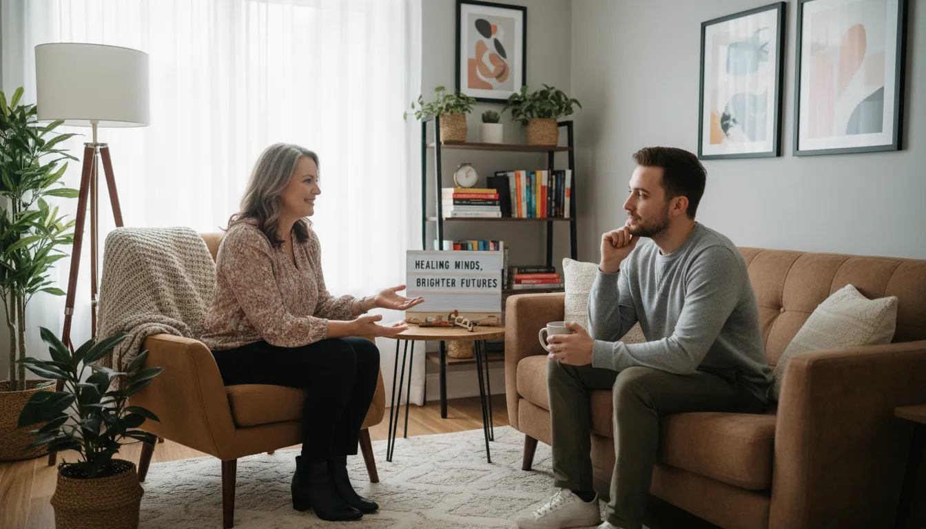 Psicólogo e paciente em consulta acolhedora em consultório confortável.