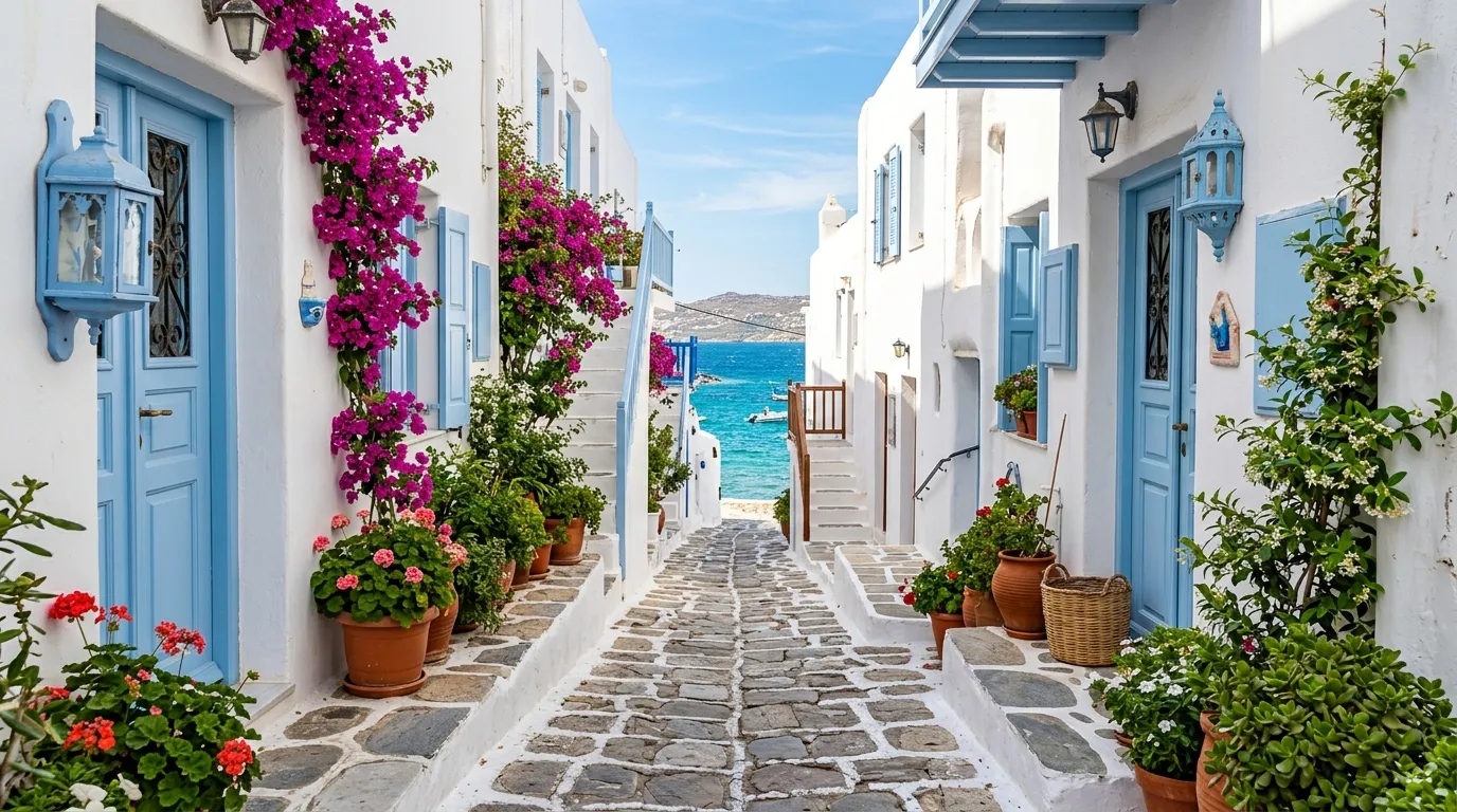 Rua tradicional com flores em Mykonos perfeita para roteiro grécia ilhas e praias.
