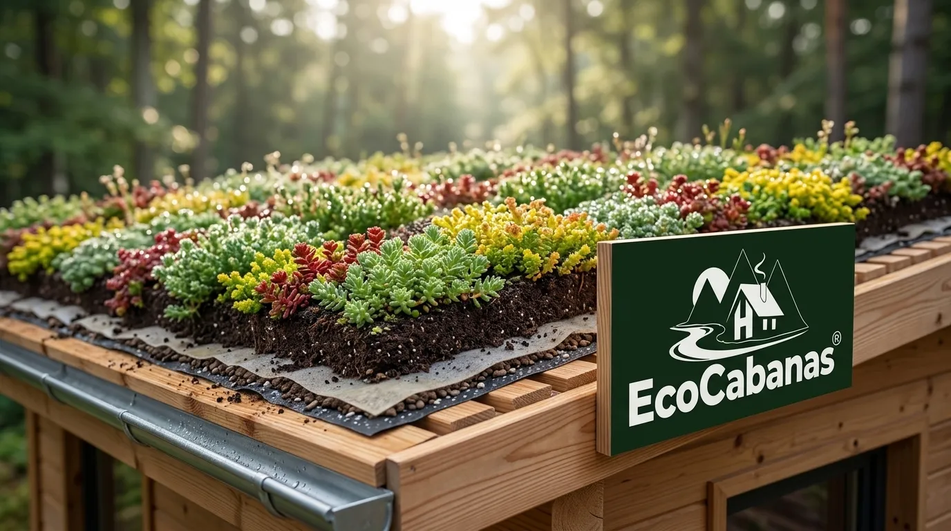 Detalhe de plantas e solo em um telhado verde de chalé ecológico.