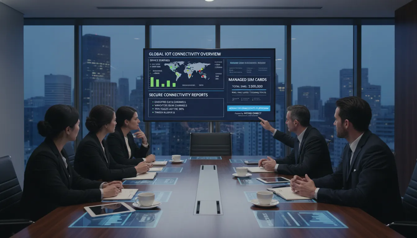 Equipe de negócios analisando painel de gestão de conectividade IoT e dados seguros via plataforma avançada.