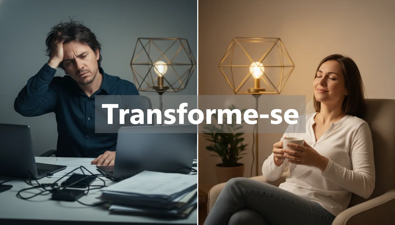 Antes e depois de uma sessão de mesa apométrica, mostrando a transformação do estresse para a calma. Unolife: Encontre o equilíbrio com a ajuda da mesa apométrica.