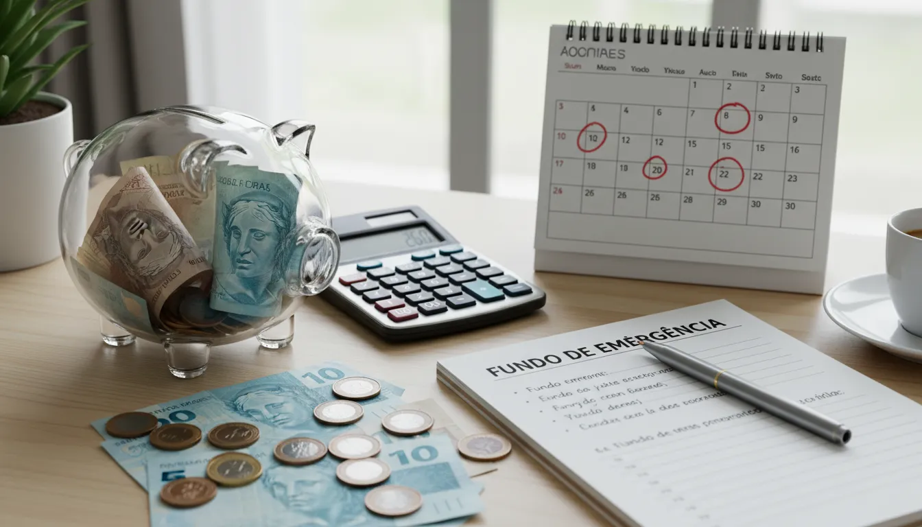 Cofrinho transparente com dinheiro, calendário e calculadora simbolizam planejamento do fundo de emergência.